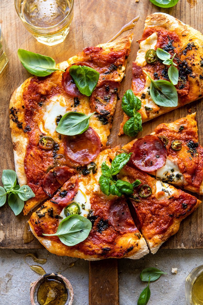 Sweet and Spicy Tomato Basil Pepperoni Pizza | halfbakedharvest.com #pizza #easyrecipes #cheese #summer #spring