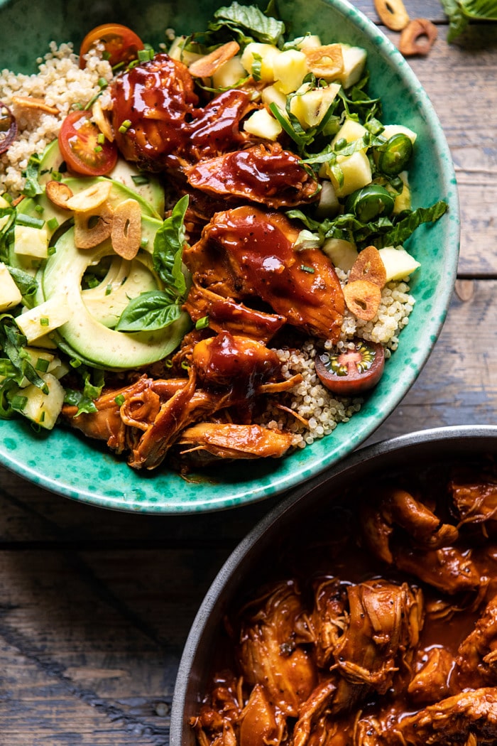 overhead close up photo of Weeknight Saucy Pineapple BBQ Chicken Bowls 