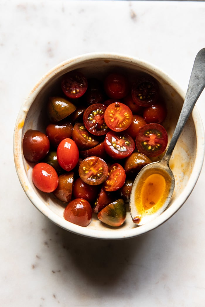 Marinated Tomatoes in bowl