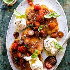 Basil Chicken Saltimbocca with Marinated Tomatoes and Burrata | halfbakedharvest.com #chicken #tomatoes #basil #summerrecipes
