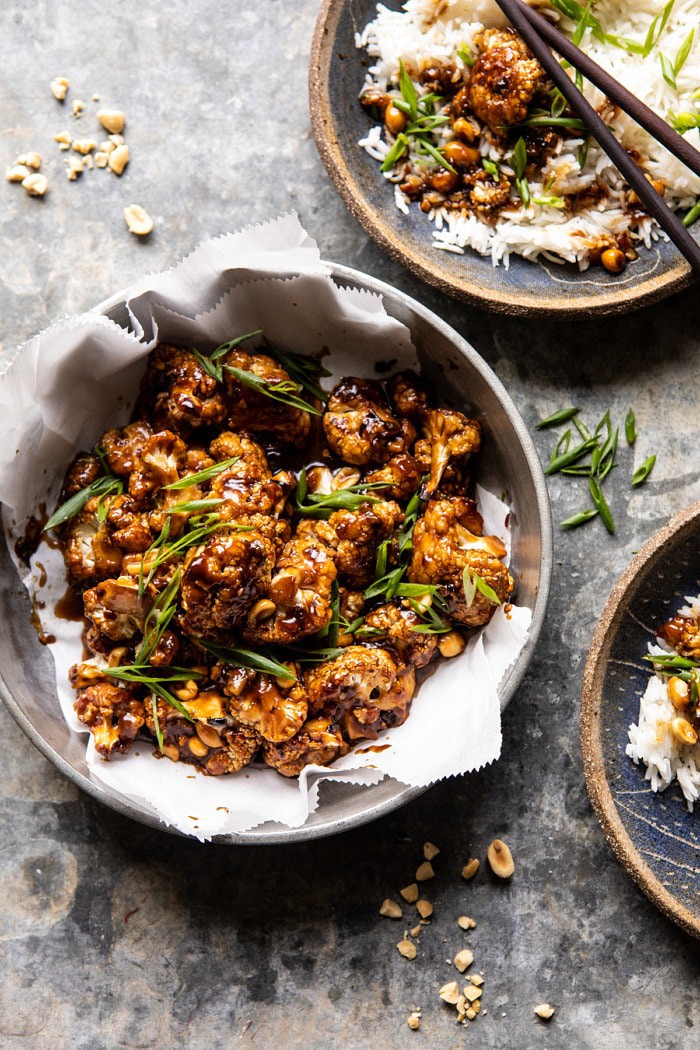 overhead photo of Better Than Takeout Kung Pao Cauliflower in bowl