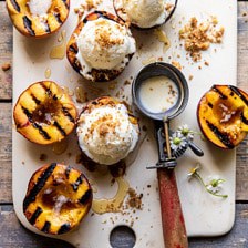 Browned Butter Grilled Peaches with Cinnamon “Toast” Brioche Crumbs.