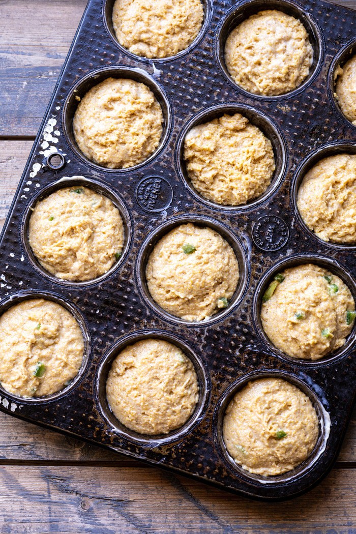 Browned Butter Jalapeño Cornbread Muffins in pan before baking