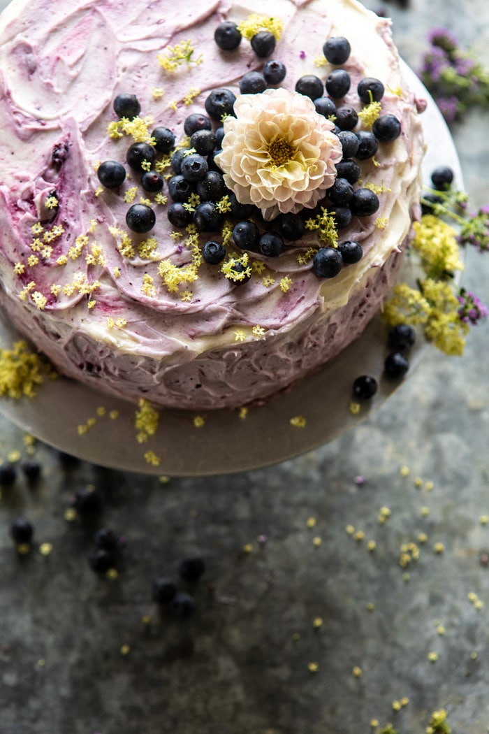 overhead close up photo of Bursting Blueberry Lemon Layer Cake 