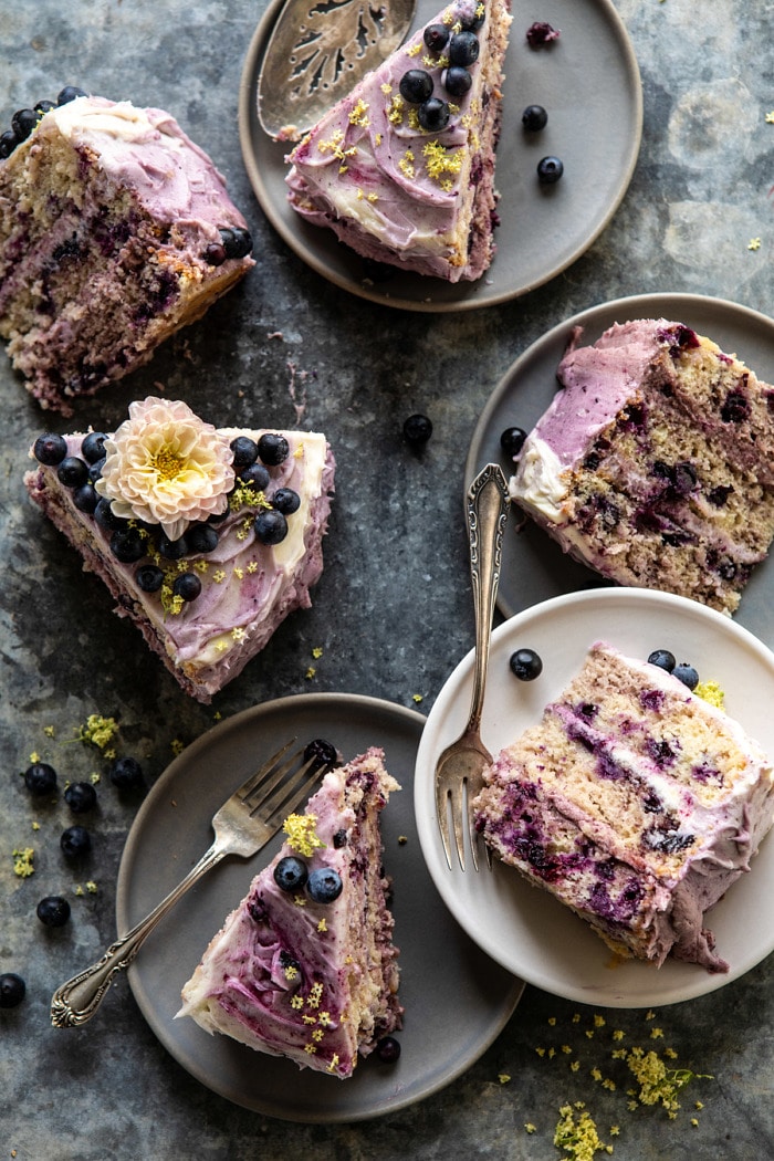 overhead photo of Bursting Blueberry Lemon Layer Cake slices