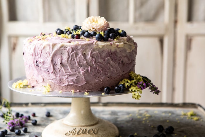 horizontal photo of Bursting Blueberry Lemon Layer Cake 