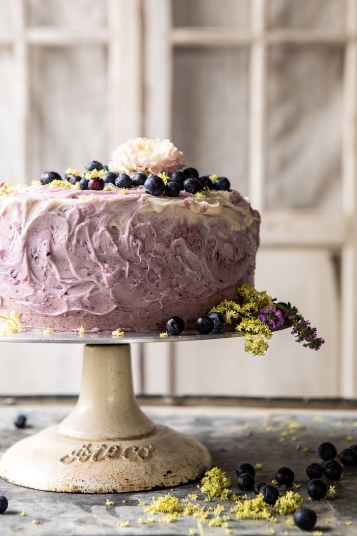 close up front on photo of Bursting Blueberry Lemon Layer Cake 