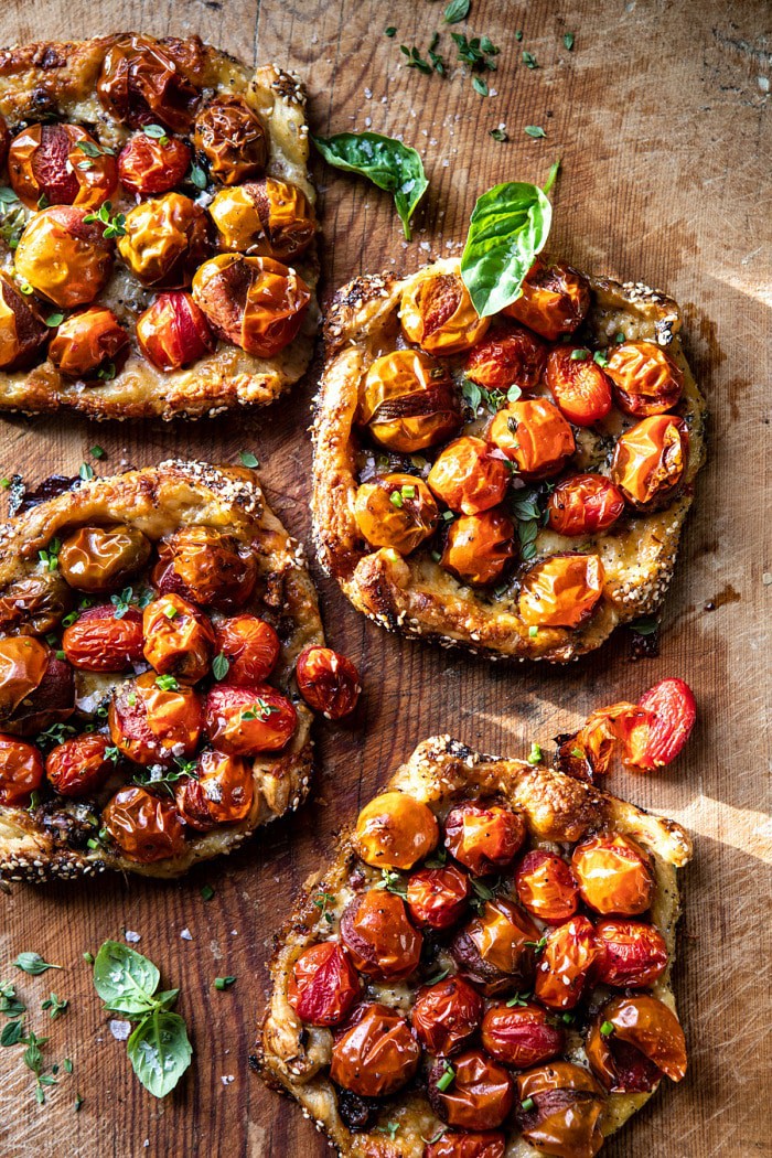 overhead photo of Caramelized Onion and Balsamic Tomato Tarts |