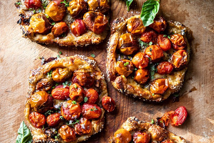 horizontal photo of Caramelized Onion and Balsamic Tomato Tarts 