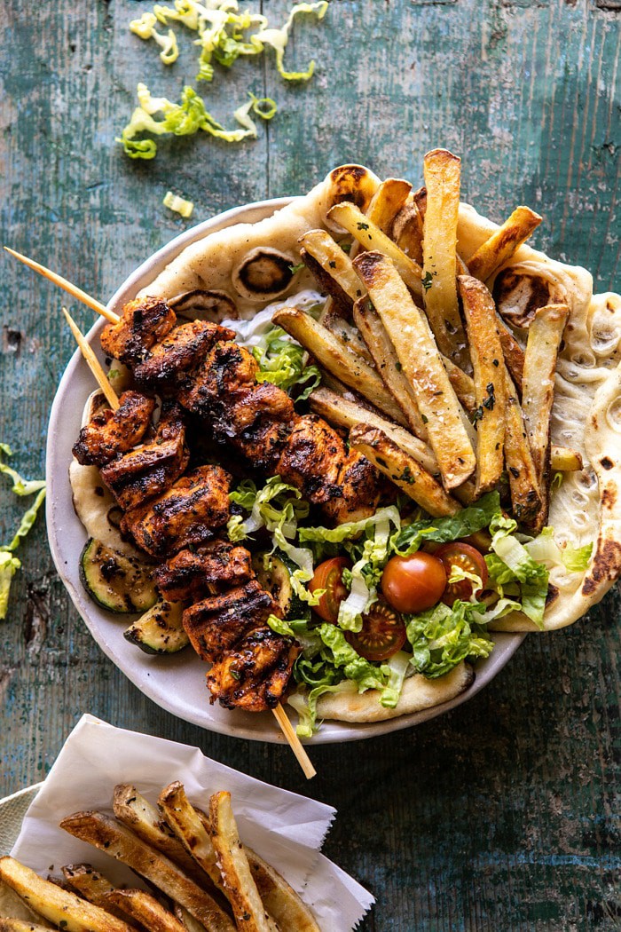 Chicken Souvlaki Bowls with Garlic Fries | halfbakedharvest.com #greek #healthyrecipes #dinner #summerrecipes