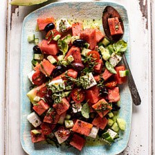 Greek Watermelon Feta Salad with Basil Vinaigrette.