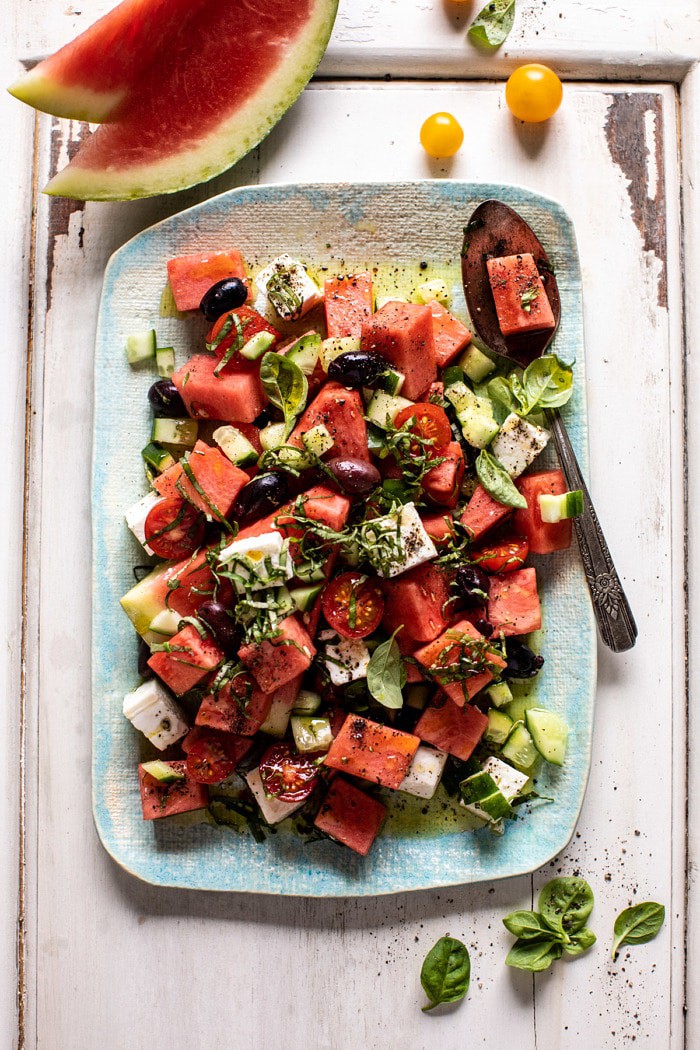 overhead photo of Greek Watermelon Feta Salad with Basil Vinaigrette