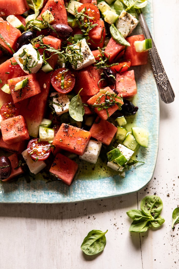 overhead close up photo of Greek Watermelon Feta Salad with Basil Vinaigrette 