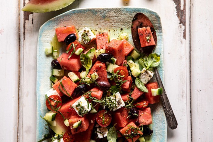 horizontal photo of Greek Watermelon Feta Salad with Basil Vinaigrette