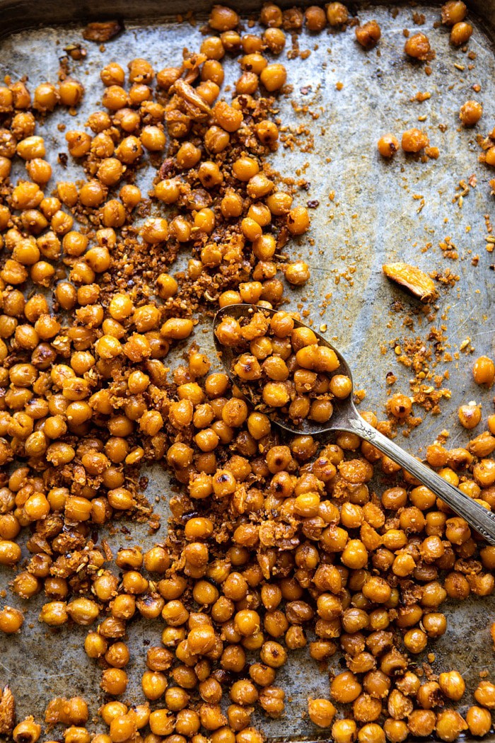 Spicy Chickpeas on baking sheet after roasting
