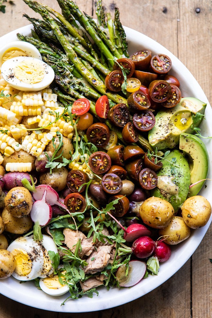 overhead close up photo of Summer Niçoise Salad in bowl