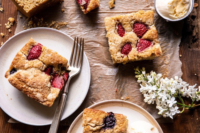 horizontal photo of Cherry Strawberry Streusel Cake pieces 