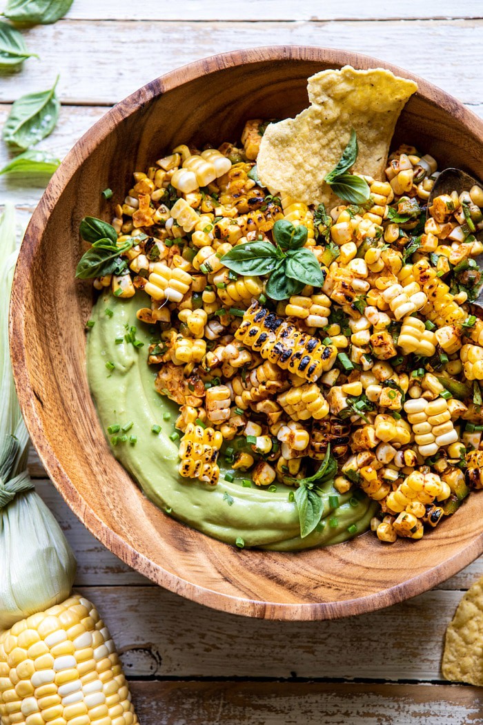 overhead close up photo fo Grilled Street Corn Salad with Avocado Mayo