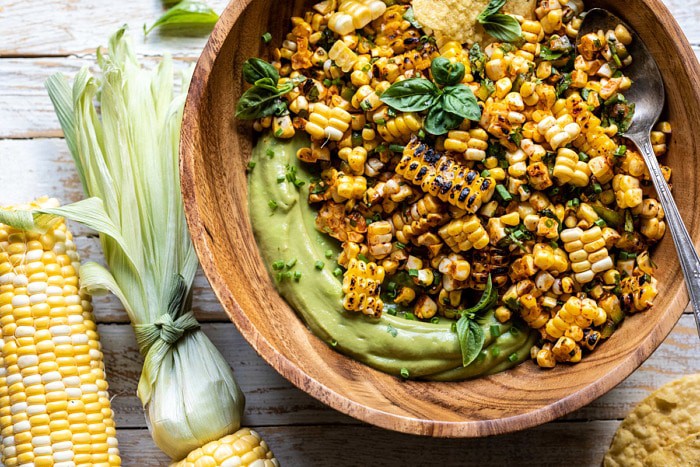 horizontal overhead photo of Grilled Street Corn Salad with Avocado Mayo