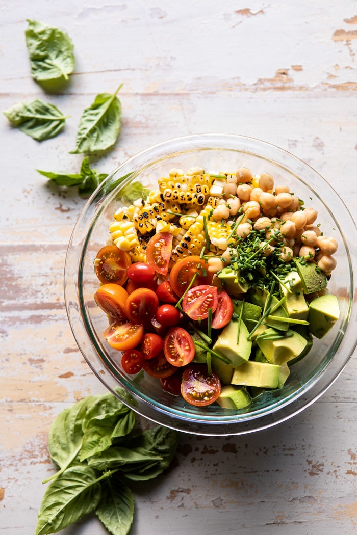 overhead photo of Corn, Tomato, and Avocado Salad in bowl 
