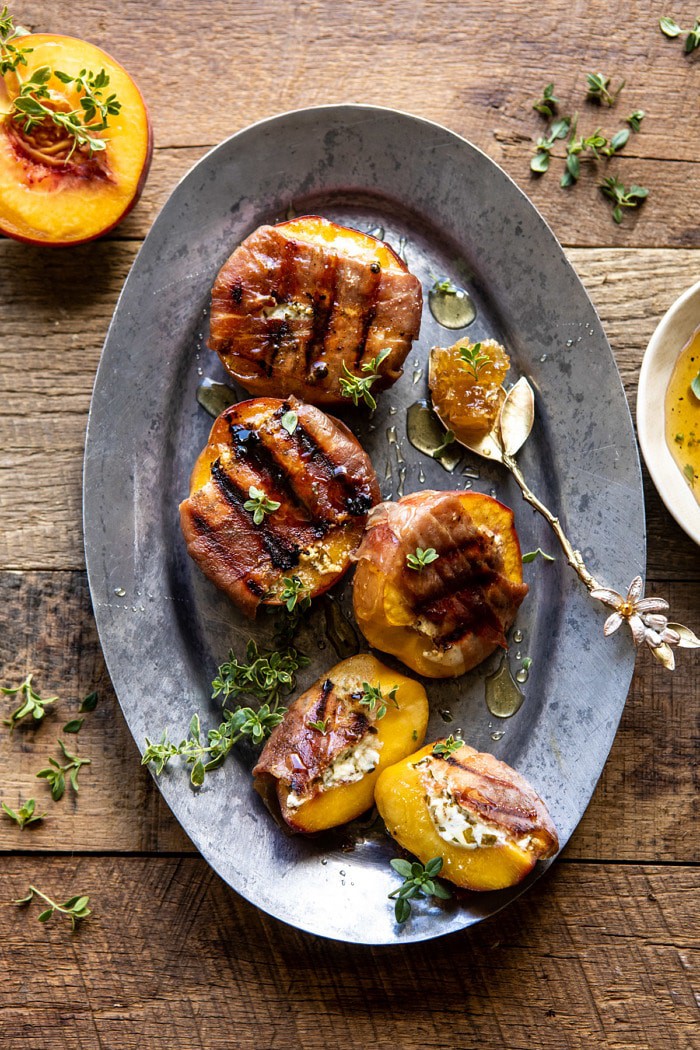 overhead photo of Prosciutto Goat Cheese Stuffed Peaches with Thyme Honey 