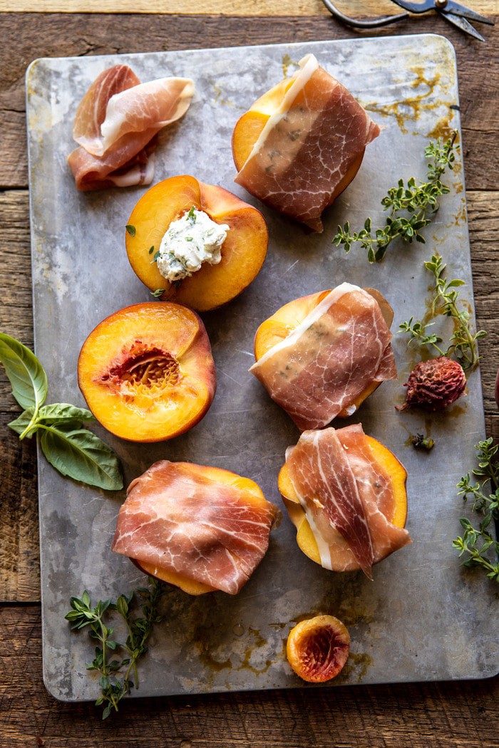 overhead photo of Prosciutto Goat Cheese Stuffed Peaches before grilling