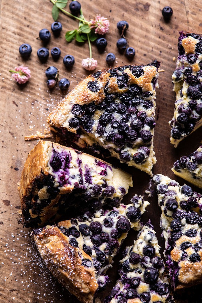 overhead close up photo of Simple Blueberry Basque Cheesecake
