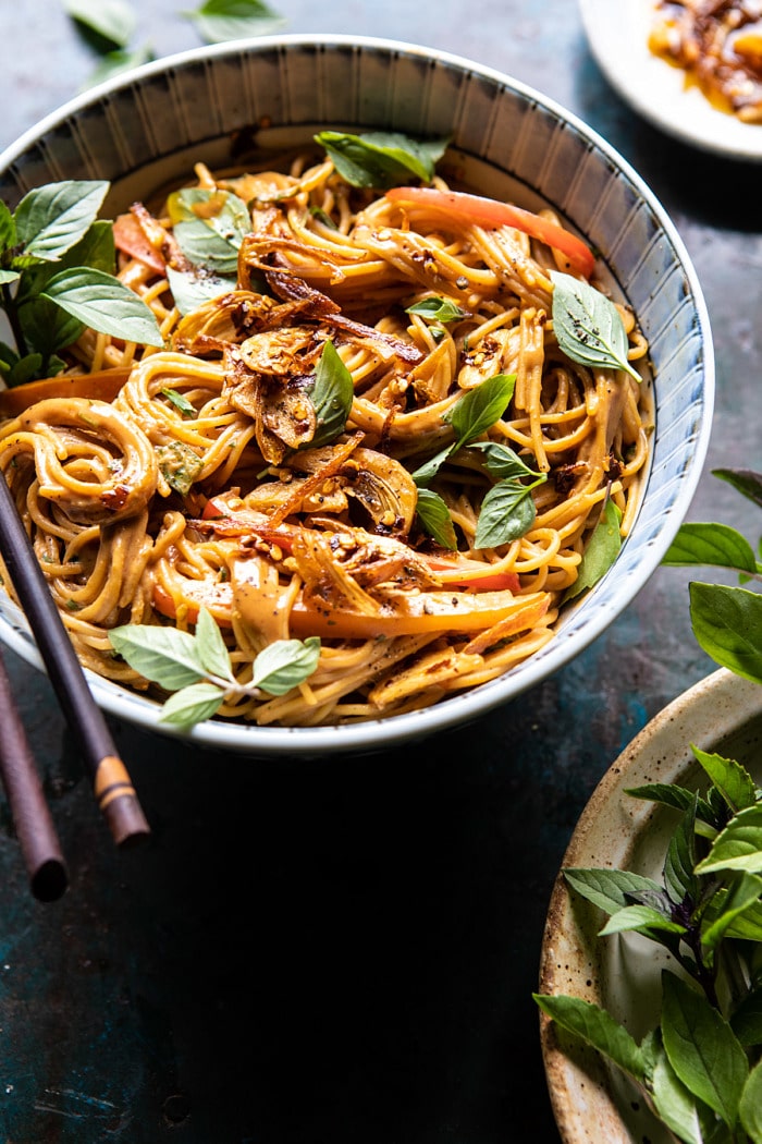 side angled photo of Spicy Peanut Noodles with Chili Garlic Oil 