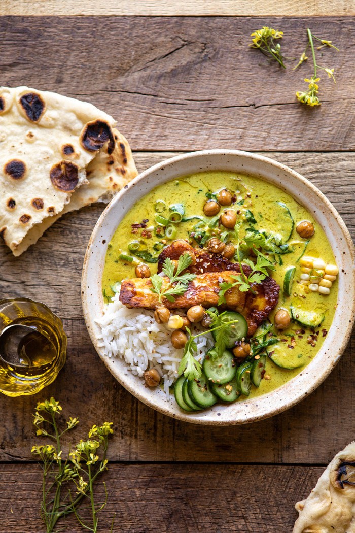 Summer Coconut Chickpea Curry with Rice and Fried Halloumi | halfbakedharvest.com #coconut #vegan #curry #easyrecipes #summer