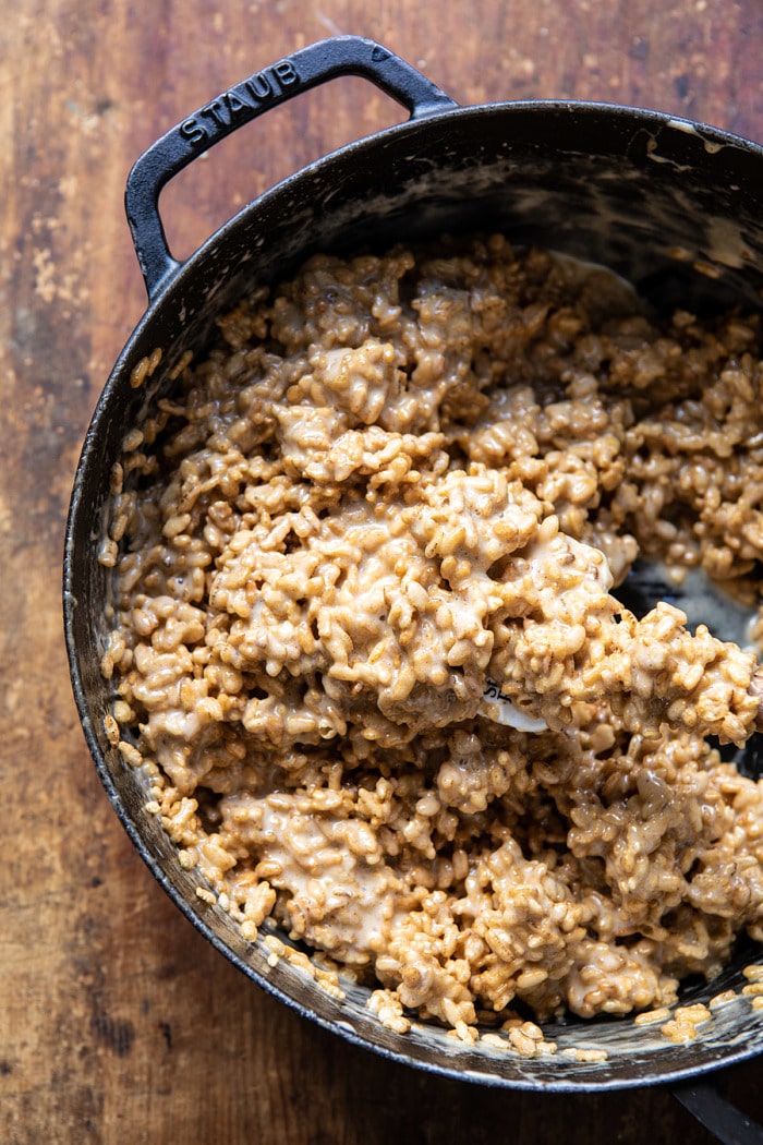 Better Than Mom's Brown Butter Rice Krispie Treats in pot before being pressed into bars