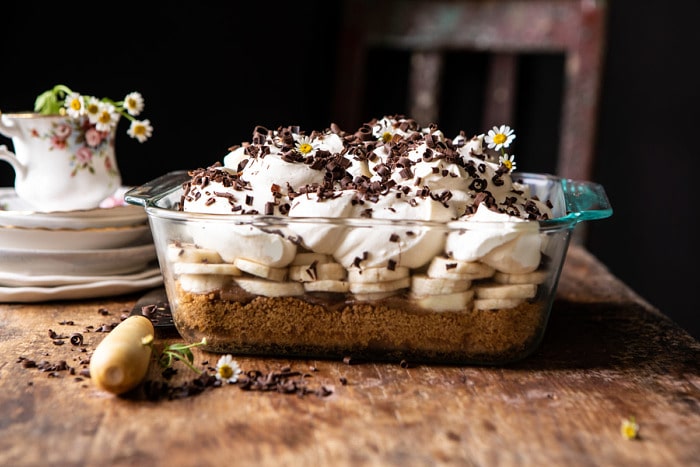 side angled horizontal photo of Healthier Banoffee Pie | halfbakedharvets.com #dessert #vegan #easyrecipes #healthy #chocolate #banana