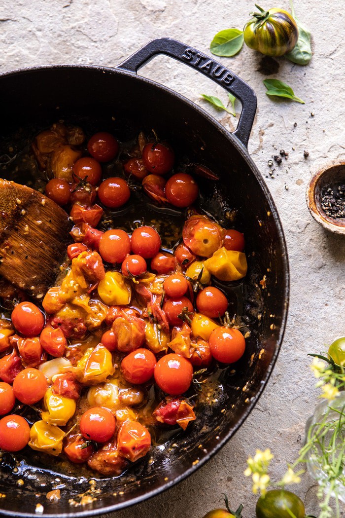 Jammy Cherry Tomatoes in skillet 