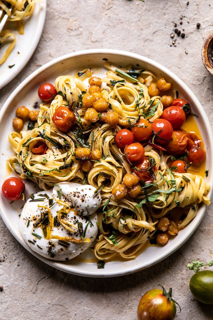 overhead close up photo of Jammy Cherry Tomato Pasta with Crisp Lemon Rosemary Chickpeas 