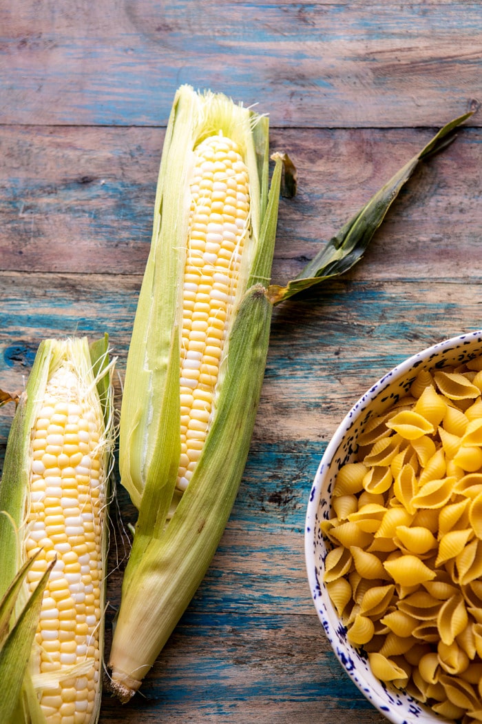 raw corn photo with dry pasta 