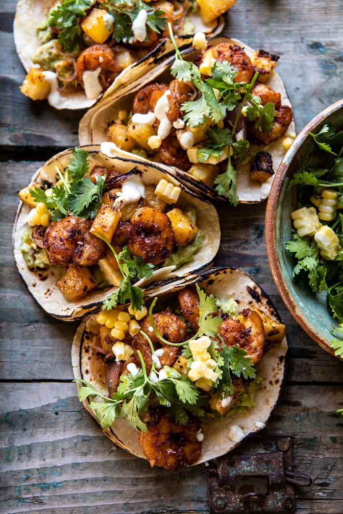 overhead close up photo of Sheet Pan Hawaiian Pineapple Shrimp Tacos 