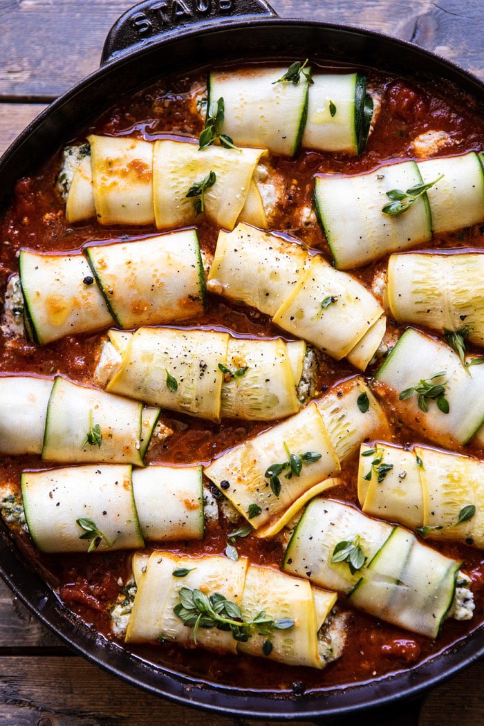 overhead photo of Spicy Pesto and Cheese Stuffed Zucchini Involtini before baking 