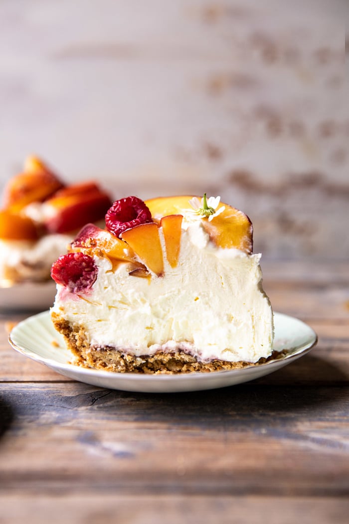 side angled photo of Peaches and Cream Pretzel Pie slice on plate
