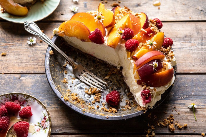 horizontal photo of Peaches and Cream Pretzel Pie 