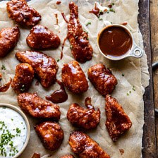Baked Boneless Honey BBQ Chicken Wings with Spicy Ranch | halfbakedharvest.com #chicken #footballfood #bakedrecipes