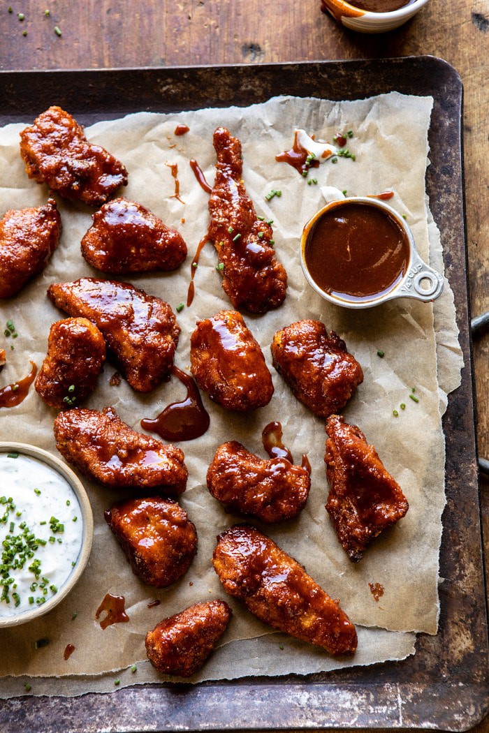 overhead photo of Baked Boneless Honey BBQ Chicken Wings with Spicy Ranch