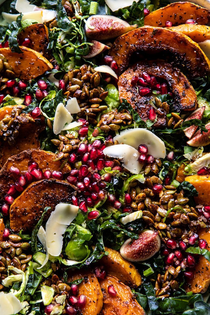 overhead close up photo of Fall Harvest Roasted Butternut Squash and Pomegranate Salad 