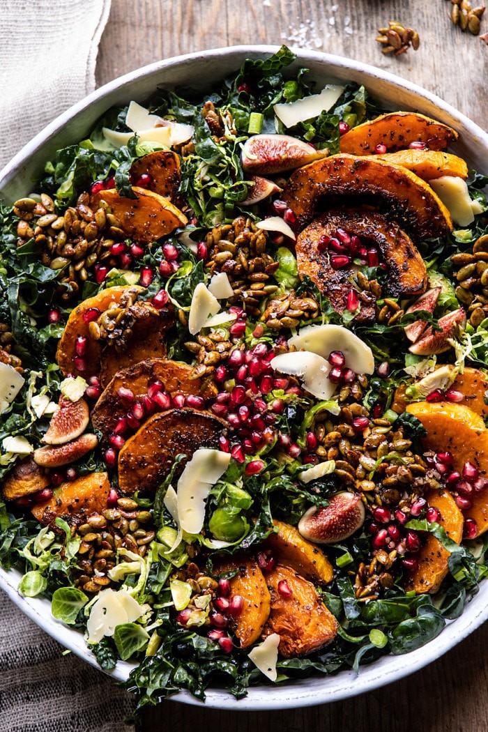 overhead photo of Fall Harvest Roasted Butternut Squash and Pomegranate Salad 