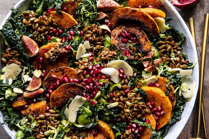 horizontal photo of Fall Harvest Roasted Butternut Squash and Pomegranate Salad