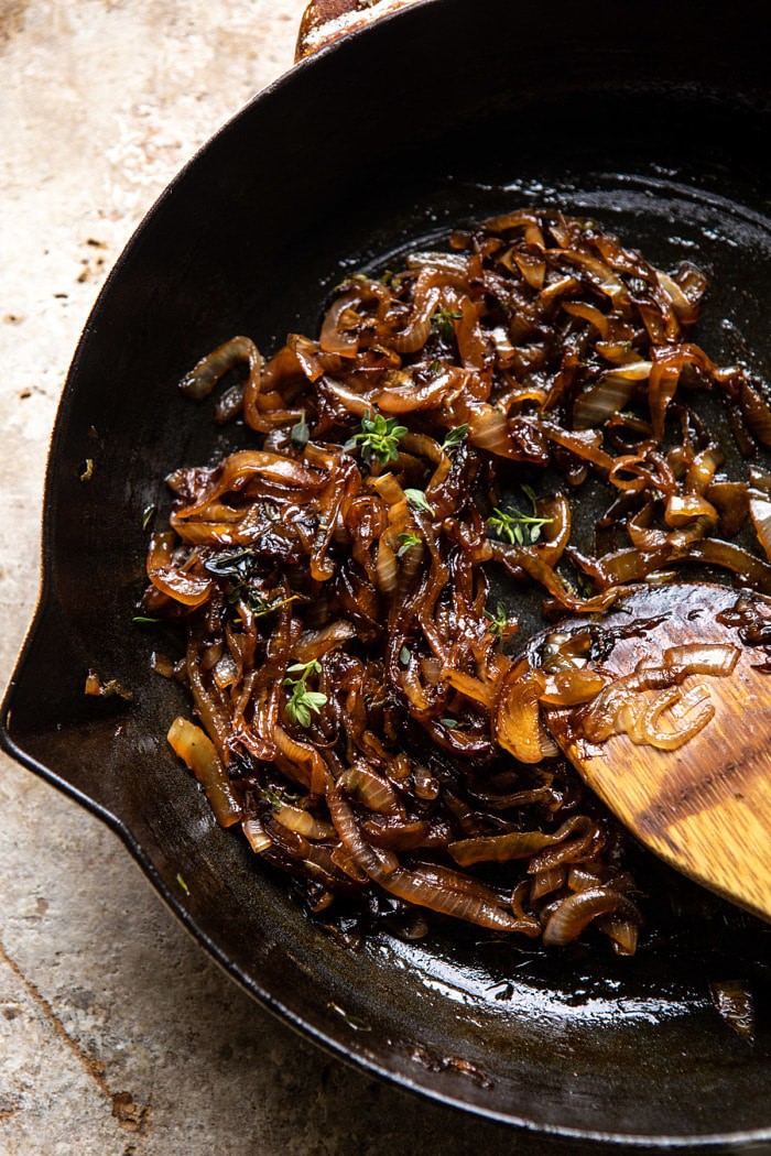 overhead photo of caramelized onions in skillet
