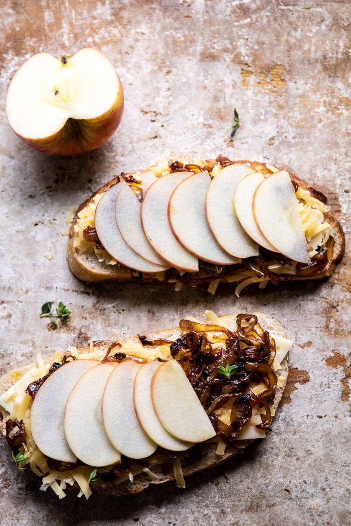 overhead photo of French Onion and Apple Grilled Cheese before cooking