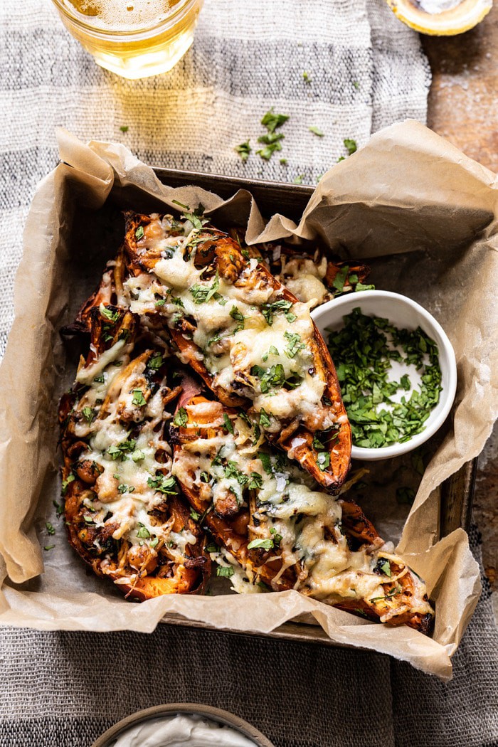 Healthy Chipotle Chicken Sweet Potato Skins | halfbakedharvest.com #sweetpotatoes #healthyrecipes #chicken