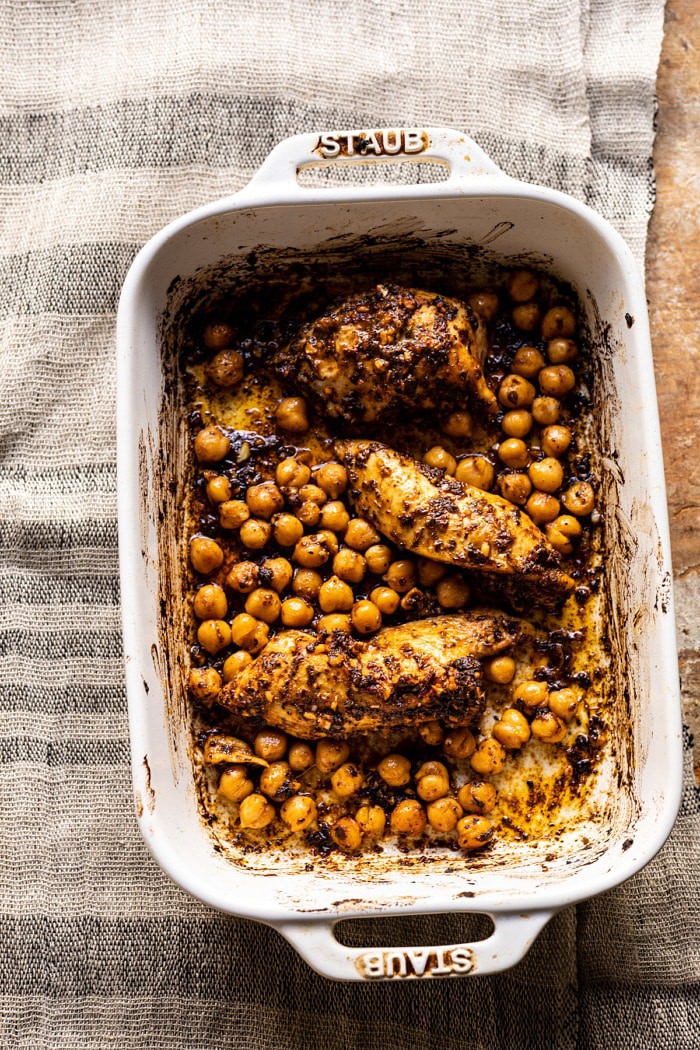 chipotle chicken and chickpeas in baking dish 