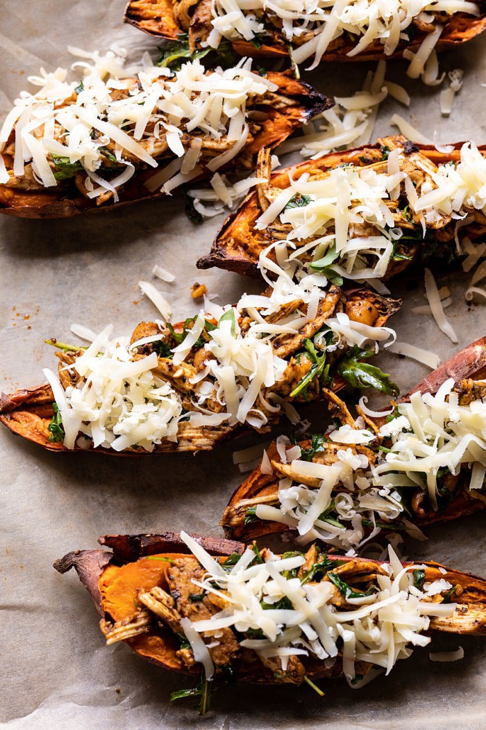 overhead photo of Healthy Chipotle Chicken Sweet Potato Skins before baking 