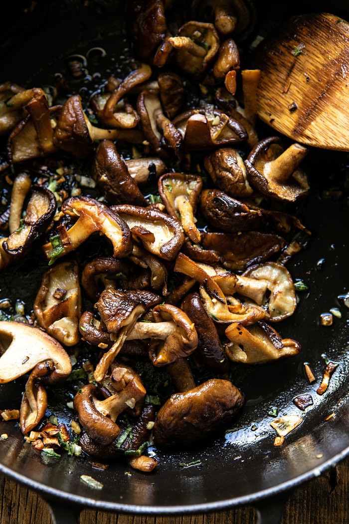 overhead photo of Herby Buttered Mushrooms in skillet