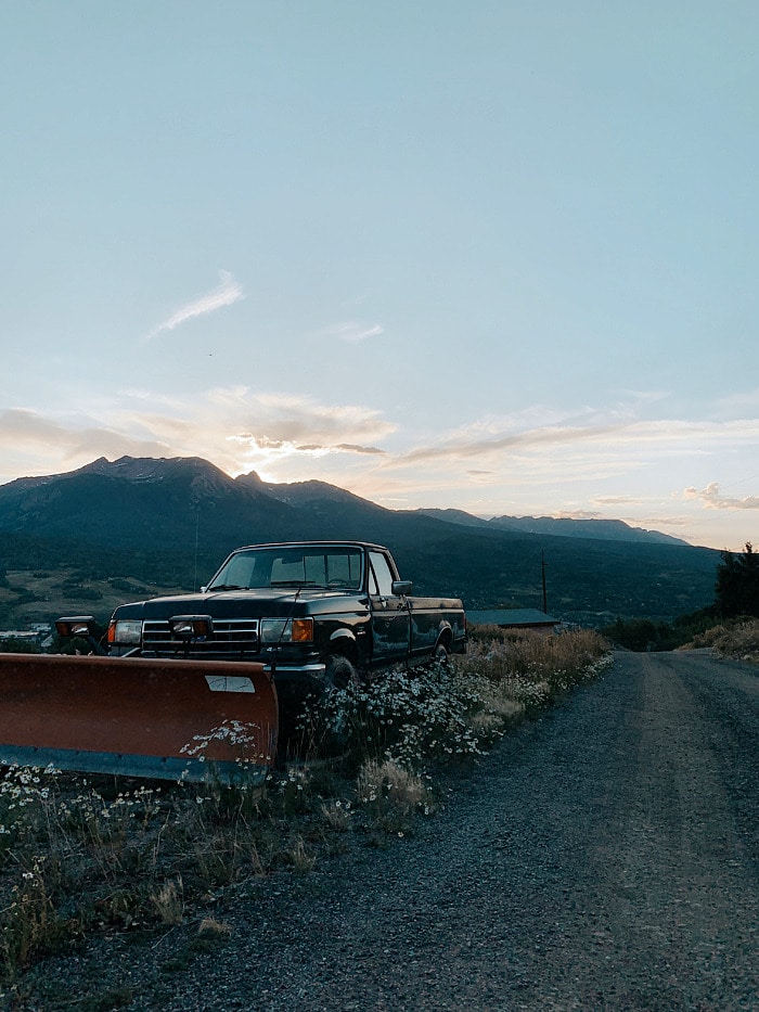 pickup truck with mountains in background